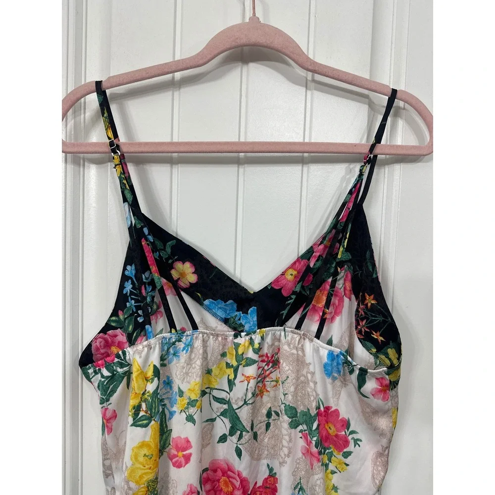 Betsey Johnson Floral Satin Chemise Nightgown Medium Ruffle Hem Cage Back Slip